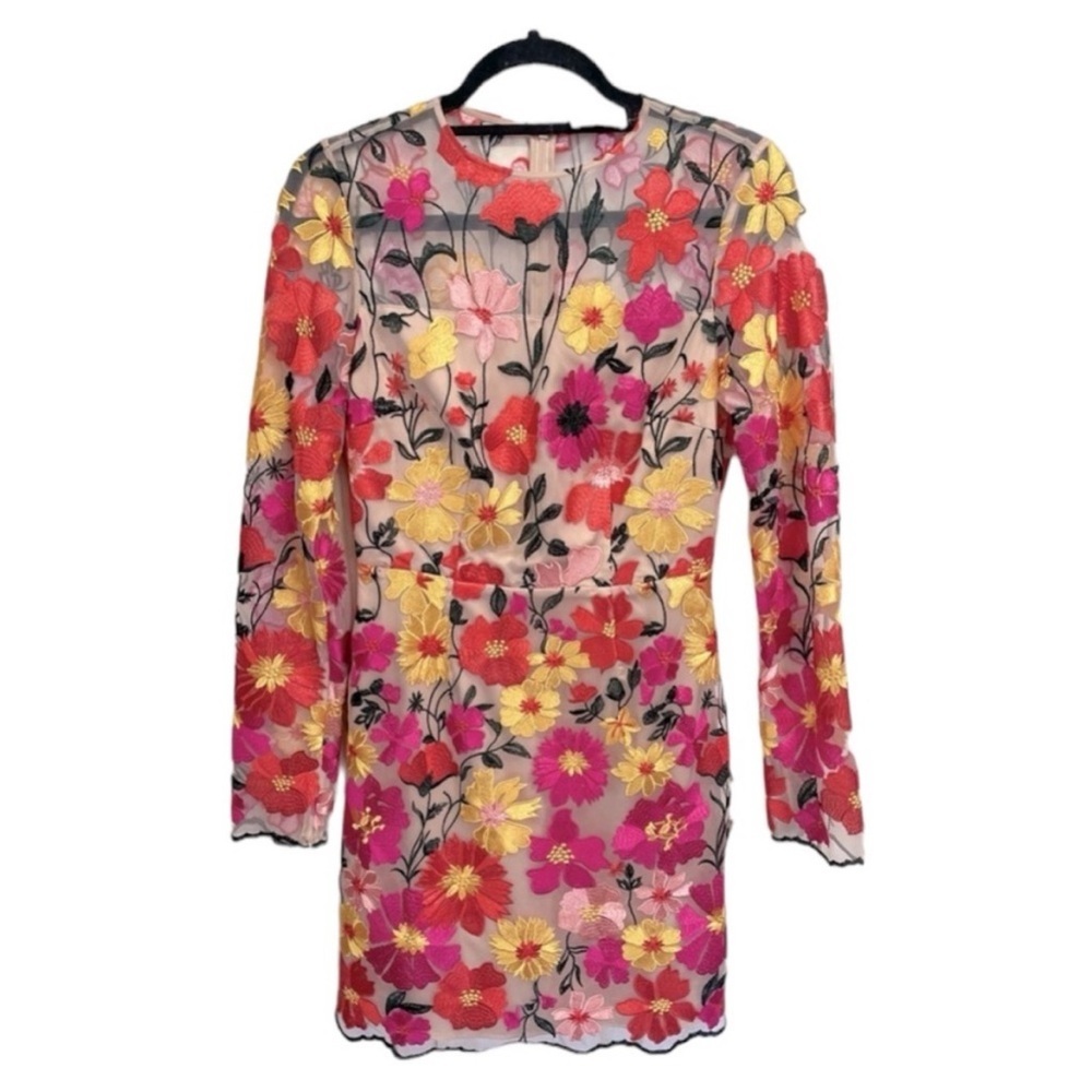 Milly Scottie Floral Mesh Overlay Long Sleeve Minidress Size 0